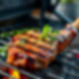 Juicy lamb chop on a grill with herbs