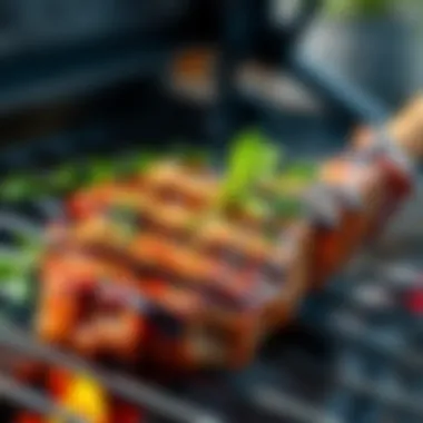 Juicy lamb chop on a grill with herbs