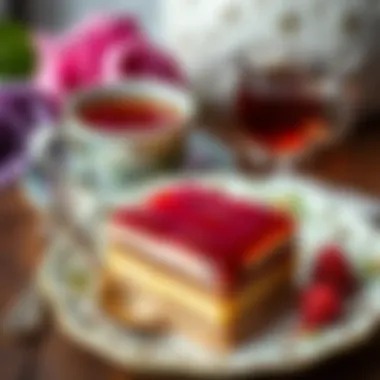 A slice of revani dessert served on a decorative plate with a cup of Turkish tea.