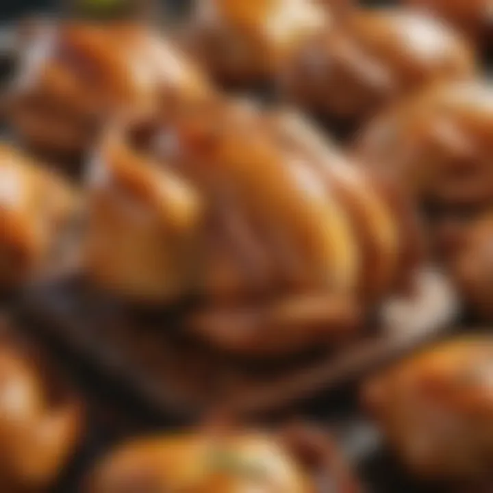 Various price tags for roasted chicken displayed in a market
