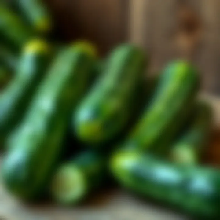 Fresh cucumbers displayed on a wooden table