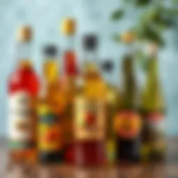 A collection of different types of vinegar in elegant glass bottles