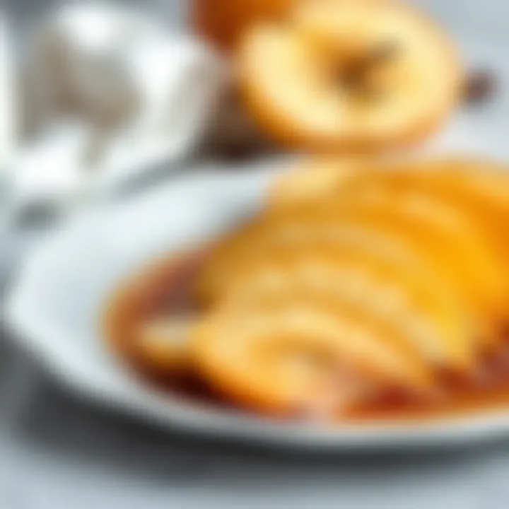 A plate of sliced quince dessert with syrup, ready to be enjoyed