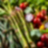 A vibrant display of spring vegetables including asparagus, snap peas, and radishes