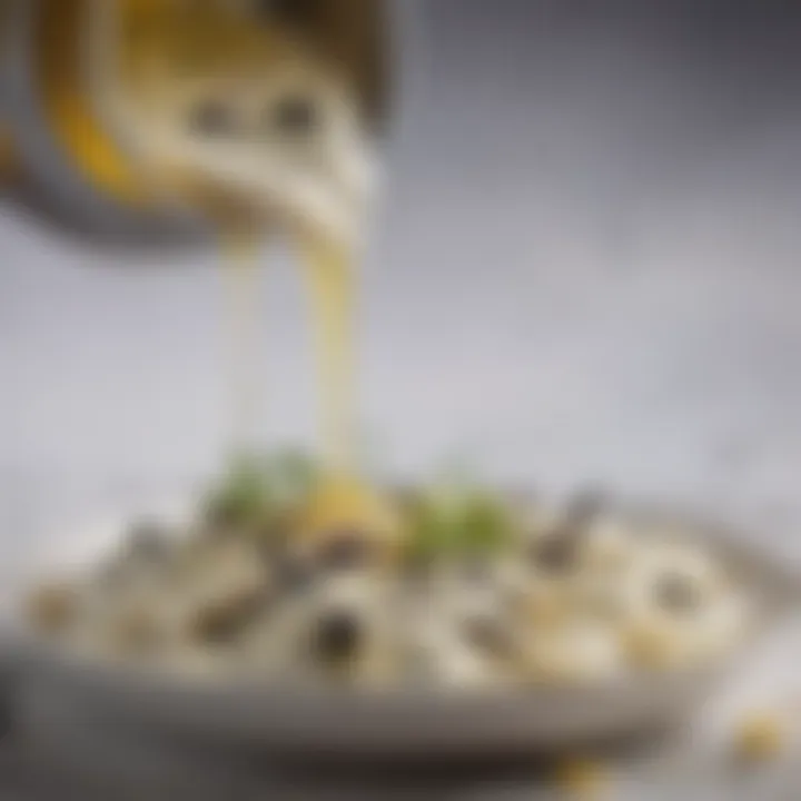 A close-up view of Stracciatella cheese being drizzled with olive oil