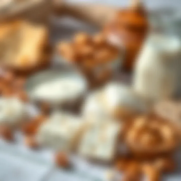 An assortment of ingredients used in making Sutlu Kadayif including kadayif, milk, and nuts