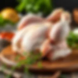 Fresh whole chicken displayed on a wooden cutting board with herbs