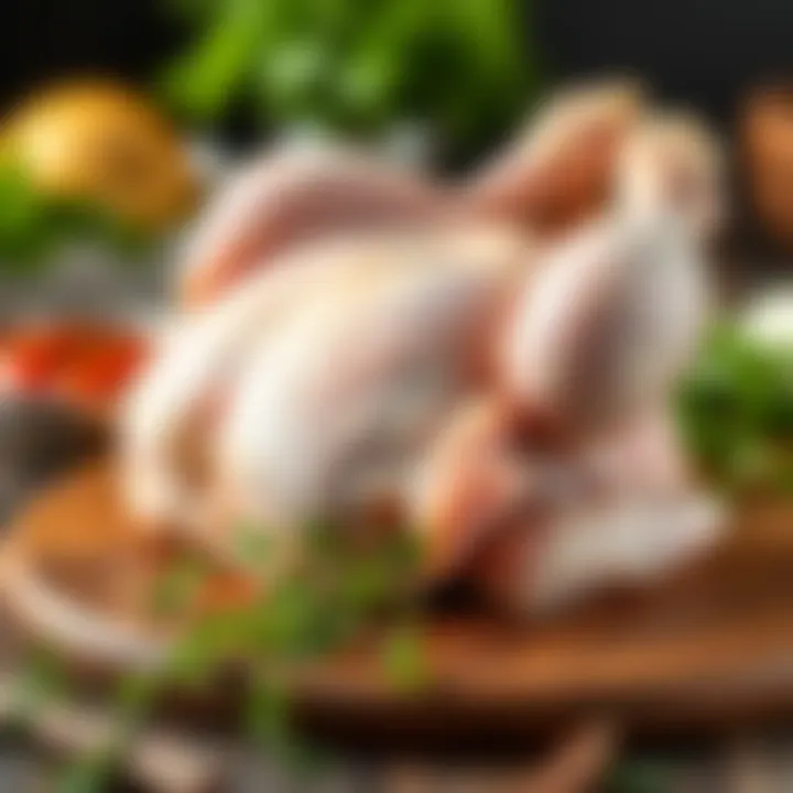Fresh Whole Chicken with Herbs Fresh whole chicken displayed on a wooden cutting board with herbs