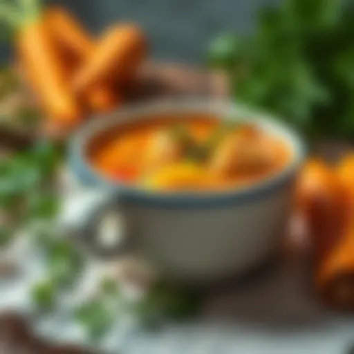 A bowl of chicken carrot potato soup garnished with herbs