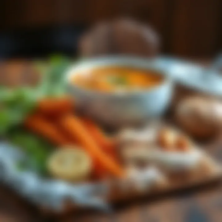 Fresh ingredients for chicken carrot potato soup on a wooden table