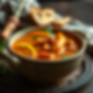 A serving of chicken carrot potato soup in a rustic bowl