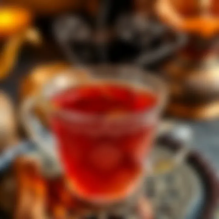 Close-up of a steaming cup of Turkish tea with intricate patterns