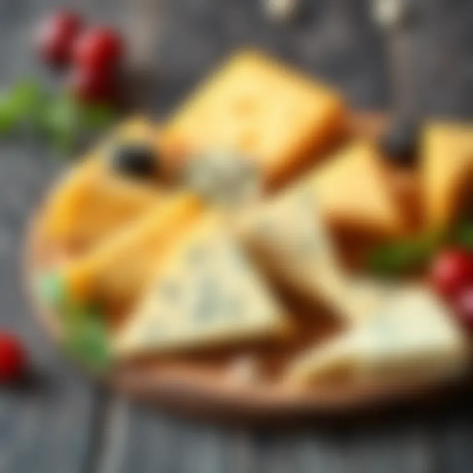 Delicious triangle cheese assortment on a wooden board