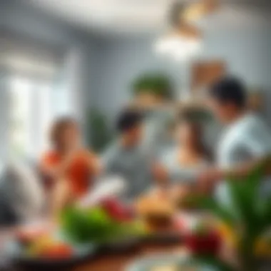 A family gathered in a cool room with fans