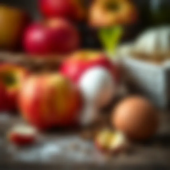 Fresh ingredients for apple cake including apples and eggs